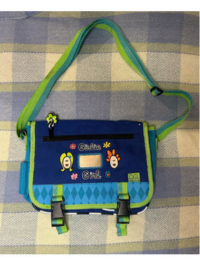 Y2K 2Grrrls Girl Power Messenger School Bag Blue Green Retro 2000s Stripes